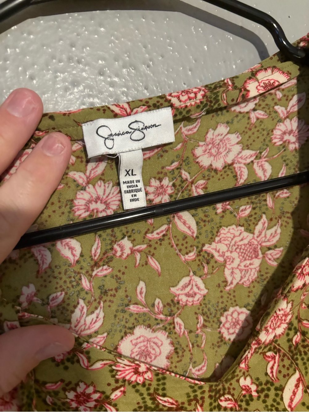 Jessica Simpson Olive Green Floral Tie-Neck Blouse with Pink Roses - Picture 3 of 4